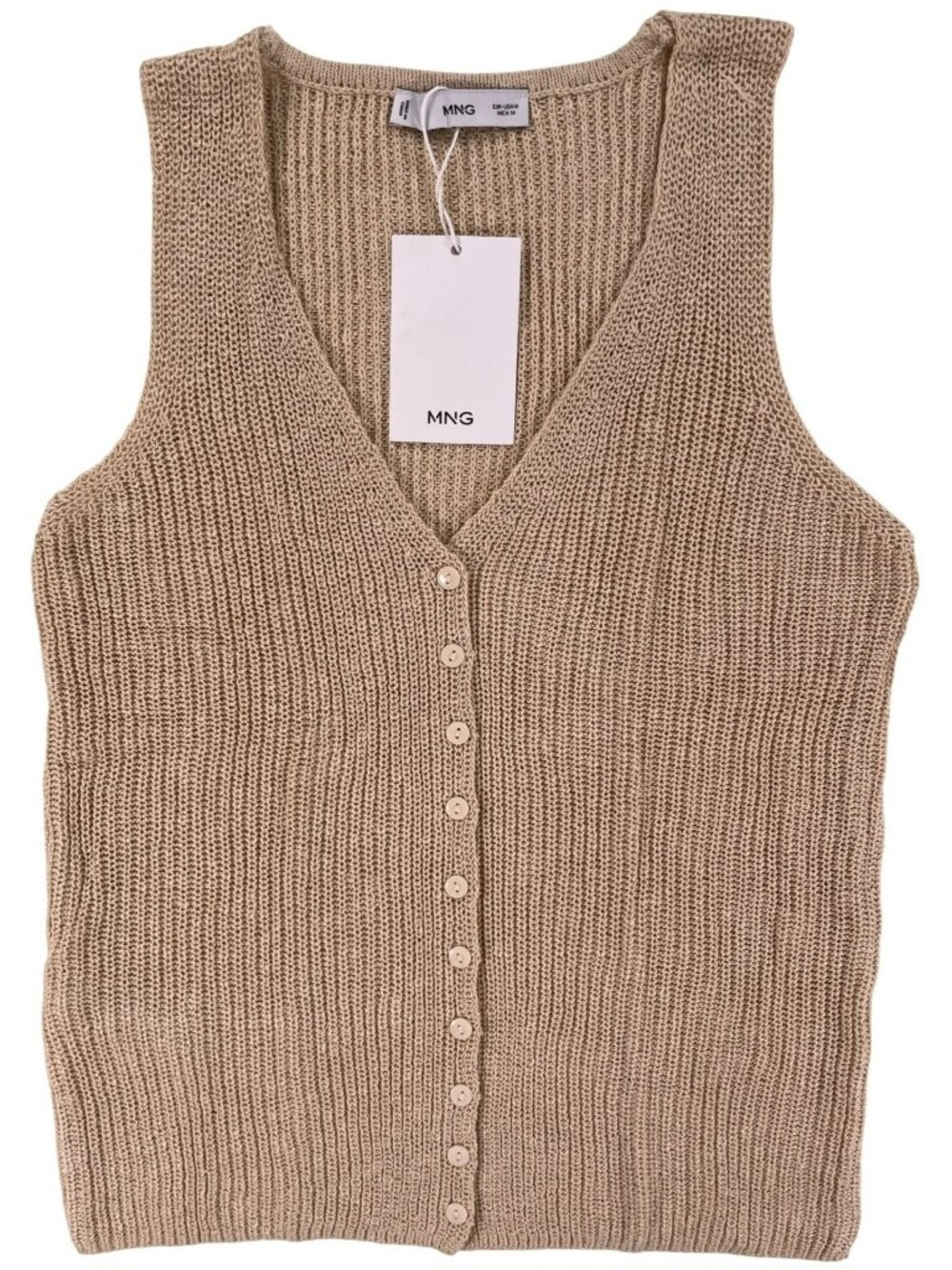 MNG Knit Vest Button-Front Beige Acrylic & Cotton Blend Women's Size M NEW
